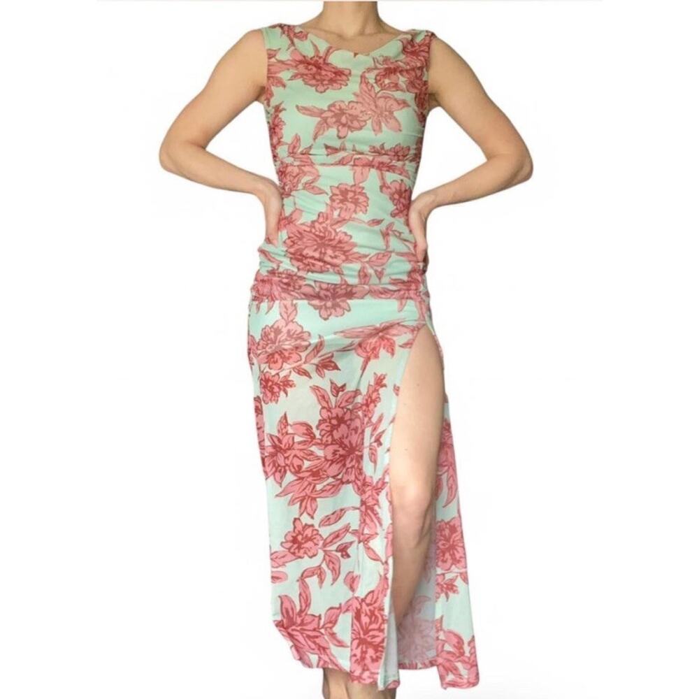 Mint Green and Pink Form-fitting Floral Maxi Dress with Leg Slit size M
